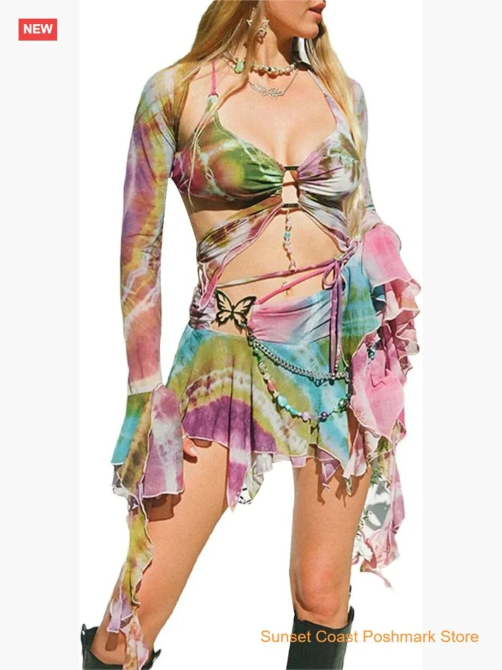 Rave 2 Piece Skirt Set Butterfly Top Mini Skirt Festival Fairycore Beach Y2K